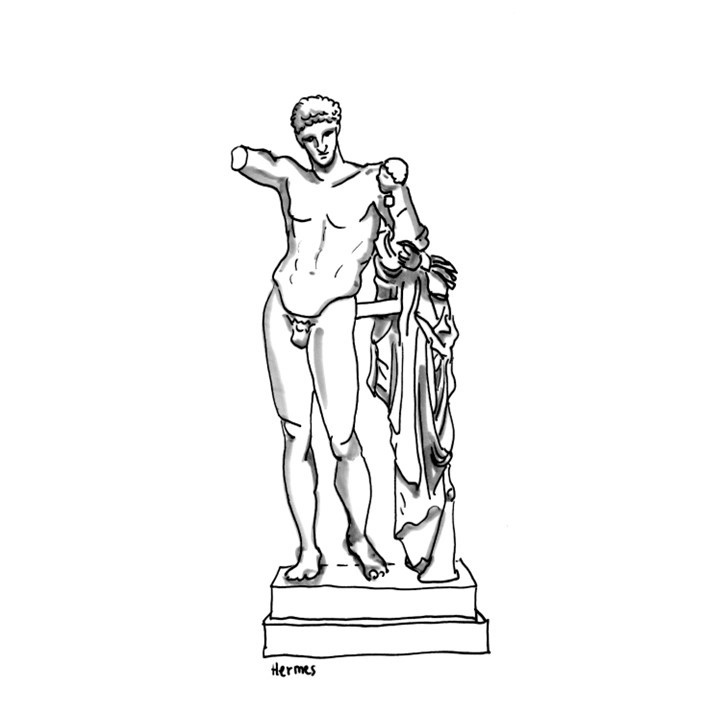 Umrisszeichnung einer Statue des Gottes Hermes