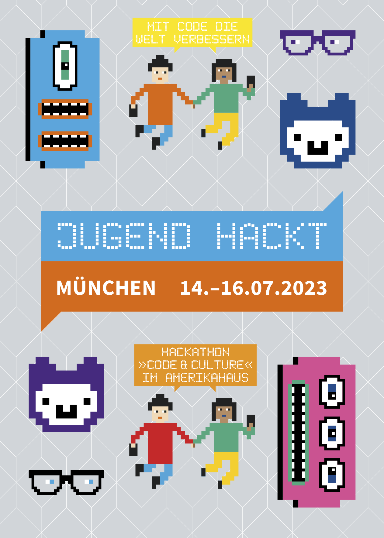 Titelbild des diesjährigen Jugendhackathon mit Monstergesichtern und Kindern, die sich an den Händen halten in groben Pixeln