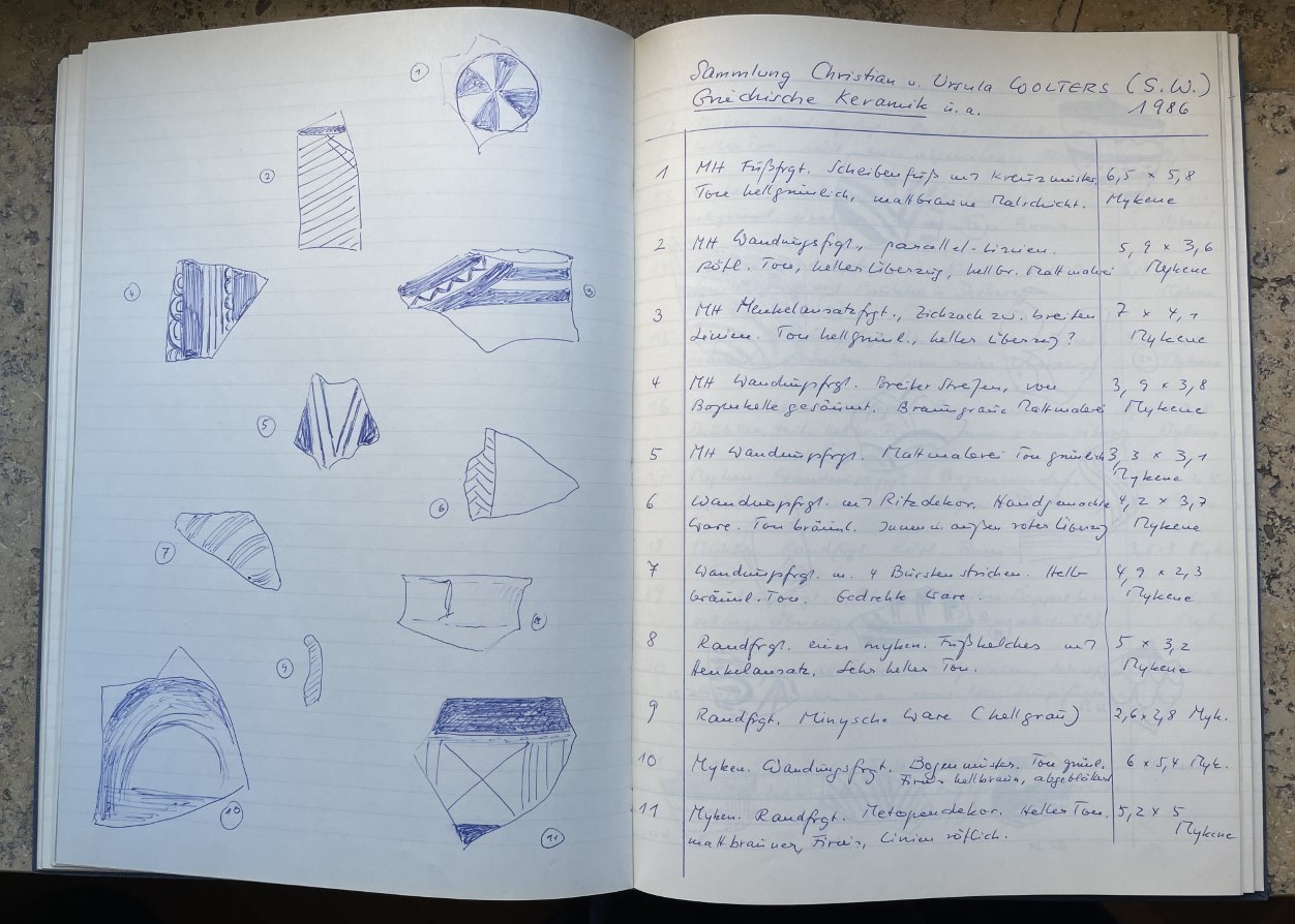 Offenes Inventarbuch. Links Zeichnungen der Scherben, rechts eine tabellarische handschriftliche Auflistung der Objekte