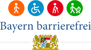 Logo von 'Bayern barrierefrei' mit vier Piktogrammen, die barrierefreie Zugänglichkeit symbolisieren. Unter den Piktogrammen befindet sich das Signet 'Bayern barrierefrei' und darunter das Staatswappen von Bayern.